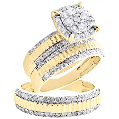 10K Yellow Gold Diamond Trio Set Halo Bridal Ring + Fluted Wedding Band 1.50 CT.
