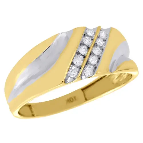 10K Yellow Gold Diamond Wedding Band Men‘s Grooved Engagement Ring 0.13 Ct.