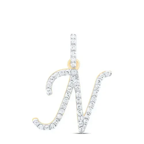 10K Yellow Gold Diamond Women Fancy Script Font Initial N Letter Pendant 1/5 CT