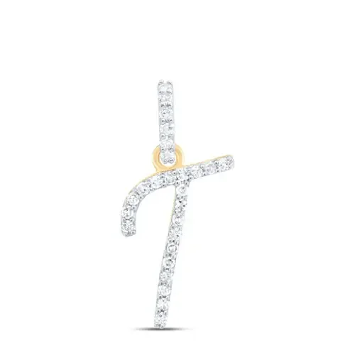 10K Yellow Gold Diamond Women Fancy Script Font Initial T Letter Pendant 1/10 CT