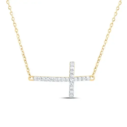 10K Yellow Gold Diamond Women Prong Set Sideways Latin Cross 18″ Necklace 1/6 CT