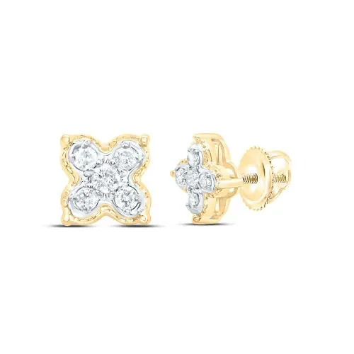 10K Yellow Gold Diamond Women‘s 6mm Textured 4 Leaf Clover Stud Earrings 1/6 CT