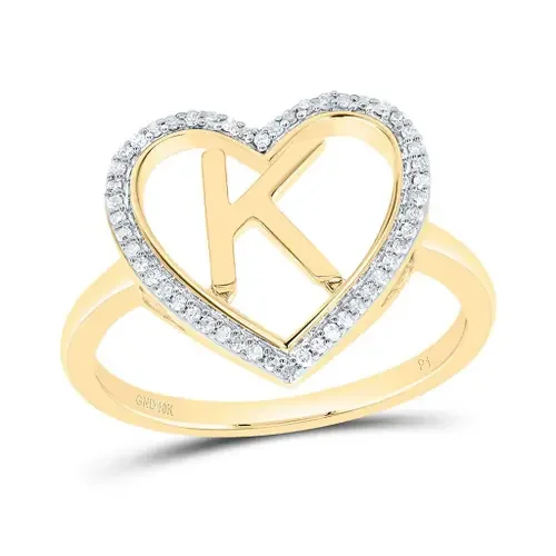 10K Yellow Gold Diamond Women‘s Block Letter K Initial Heart Frame Ring 1/10 CT