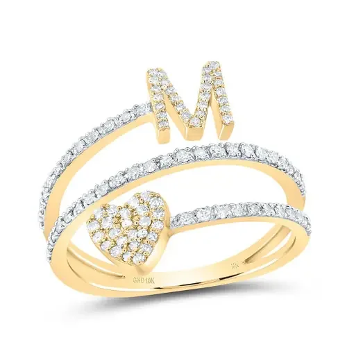 10K Yellow Gold Diamond Women‘s Block Letter M Initial & Heart Wrap Ring 3/8 CT