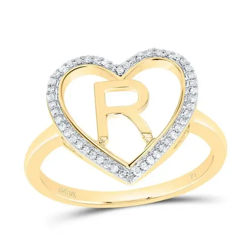 10K Yellow Gold Diamond Women‘s Block Letter R Initial Heart Frame Ring 1/10 CT