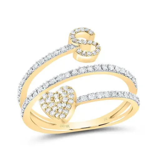 10K Yellow Gold Diamond Women‘s Block Letter S Initial & Heart Wrap Ring 3/8 CT