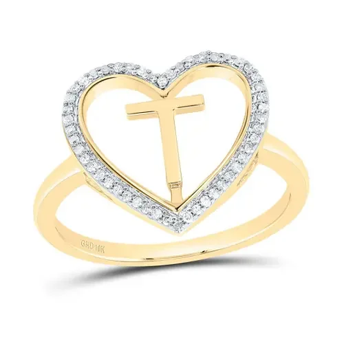 10K Yellow Gold Diamond Women‘s Block Letter T Initial Heart Frame Ring 1/10 CT