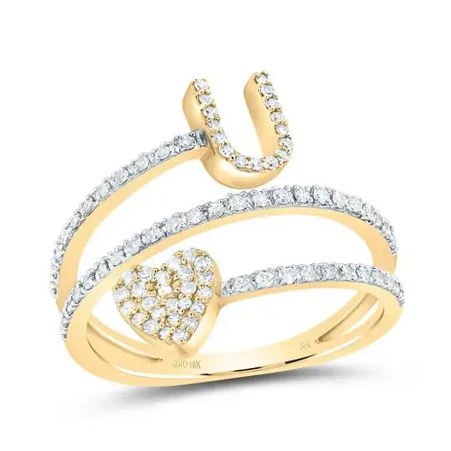 10K Yellow Gold Diamond Women‘s Block Letter U Initial & Heart Wrap Ring 3/8 CT