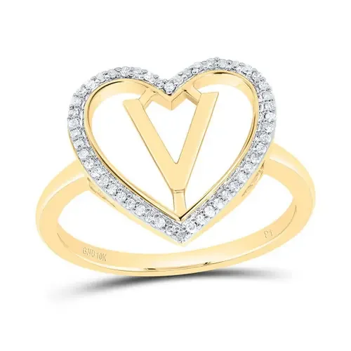 10K Yellow Gold Diamond Women‘s Block Letter V Initial Heart Frame Ring 1/10 CT