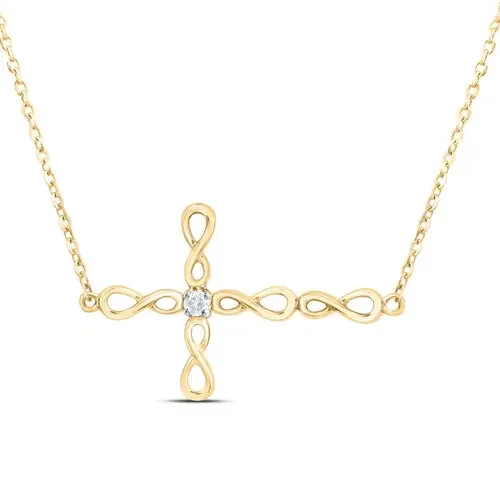 10K Yellow Gold Diamond Women‘s Sideways Infinity Cross 18″ Necklace 1/20 CT