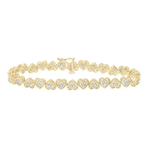 10K Yellow Gold Diamond Women‘s Textured Heart Link Tennis Bracelet 1 CT 7.25″