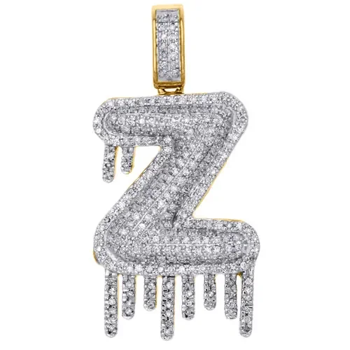 10K Yellow Gold Diamond Z Initial Bubble Drip Pendant Pave Dome Charm 0.75 CT.