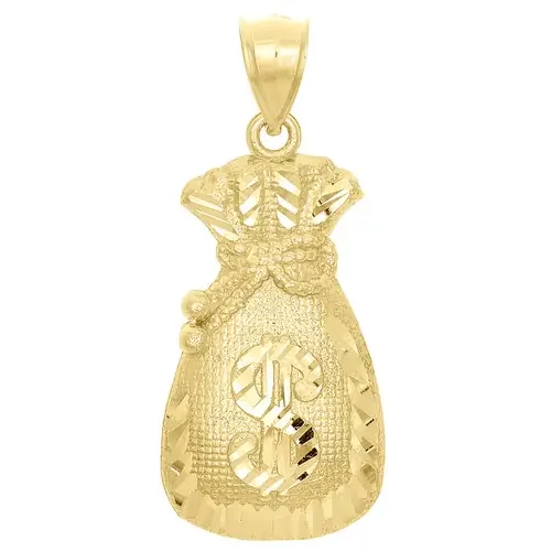 10K Yellow Gold Dollar Sign Diamond Cut Money Bag Pendant 1.65″ Statement Charm