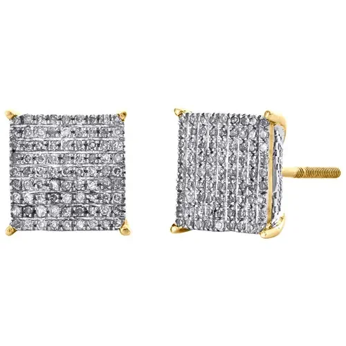 10K Yellow Gold Genuine 4-Prong Diamond Circle 3D Stud 10mm Pave Earrings 1/3 CT