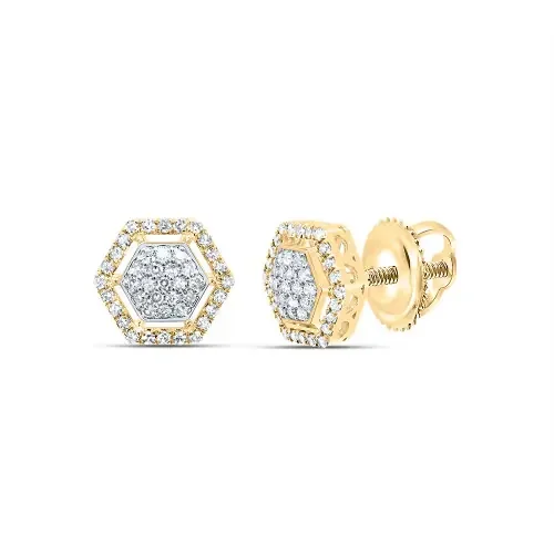 10K Yellow Gold Genuine Diamond 11mm Cluster Halo Hexagon Stud Earrings 1/3 CT