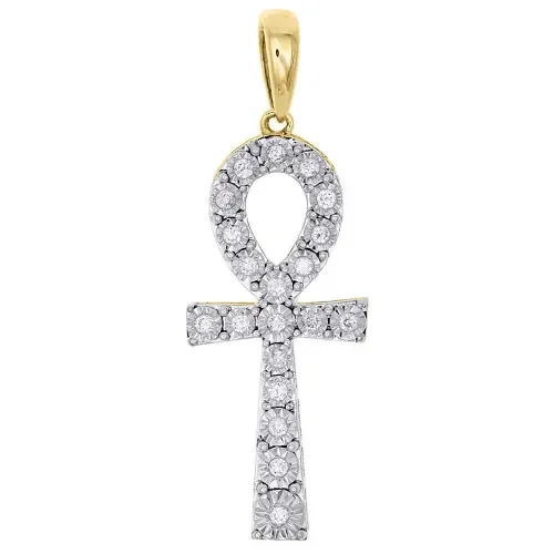 10K Yellow Gold Genuine Diamond Ankh Cross Pendant Prong Set 1.35″ Charm 1/4 CT.