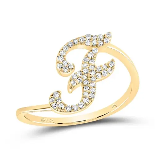 10k Yellow Gold Genuine Diamond Cursive Font Letter F Initial Bypass Ring 1/6 CT