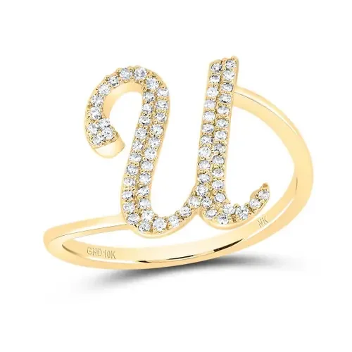 10k Yellow Gold Genuine Diamond Cursive Font Letter U Initial Bypass Ring 1/5 CT