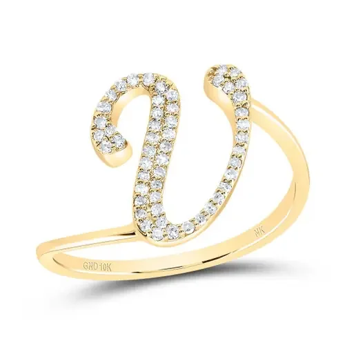 10k Yellow Gold Genuine Diamond Cursive Font Letter V Initial Bypass Ring 1/6 CT