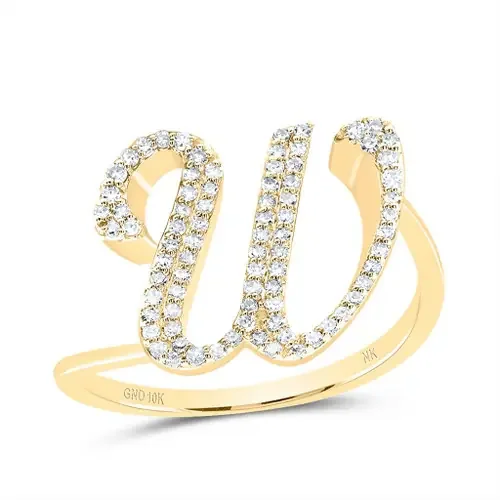 10k Yellow Gold Genuine Diamond Cursive Font Letter W Initial Bypass Ring 1/4 CT