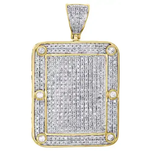 10K Yellow Gold Genuine Diamond Dog Tag Pendant Square Frame Pave Charm 1.17 CT.