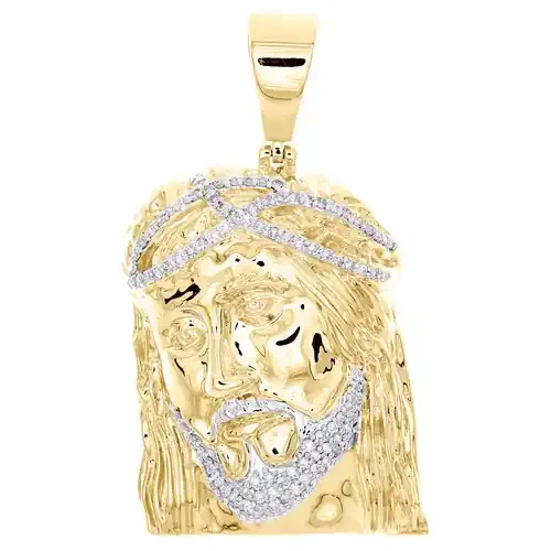 10K Yellow Gold Genuine Diamond Jesus Face Statement Pendant 1″ Charm 5/8 CT.