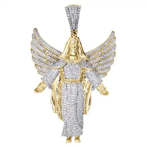 10K Yellow Gold Genuine Diamond Mens Jesus Christ w/ Wings Redeemer Pendant 1 CT