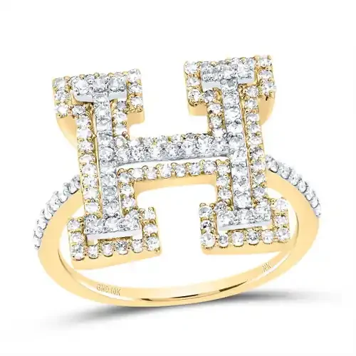 10k Yellow Gold Genuine Diamond Modern Block Font Letter H Initial Ring 5/8 CT
