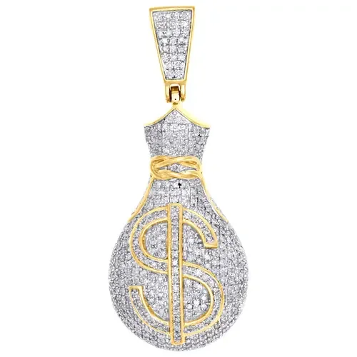 10K Yellow Gold Genuine Diamond Money Bag Dollar Sign Pendant 1.5″ Charm 1 CT.
