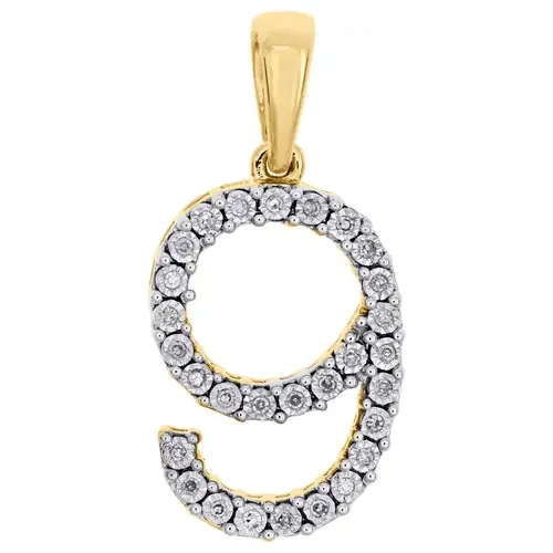 10K Yellow Gold Genuine Diamond Number 9 NINE Pendant 1″ Unisex Charm 0.08 CT.