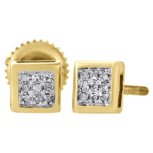 10K Yellow Gold Genuine Diamond Pave Studs Mini 4.90mm Square Earrings 0.05 Ct.