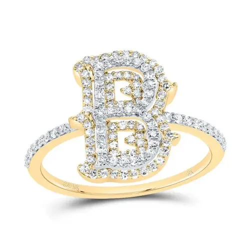 10k Yellow Gold Genuine Diamond Tiered Block Font Letter B Initial Ring 1/2 CT