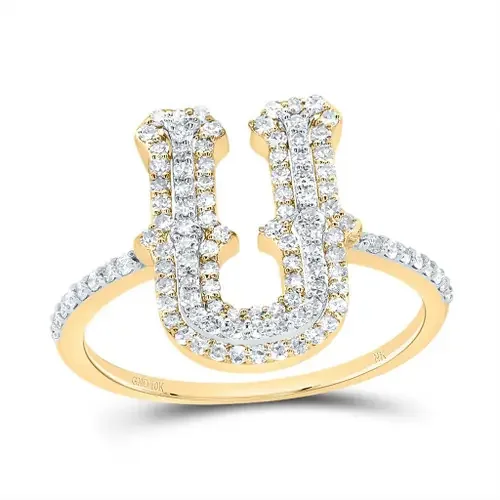10k Yellow Gold Genuine Diamond Tiered Block Font Letter U Initial Ring 3/8 CT