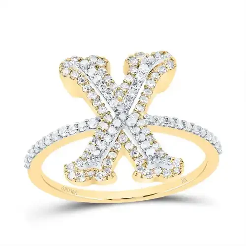 10k Yellow Gold Genuine Diamond Tiered Block Font Letter X Initial Ring 1/2 CT