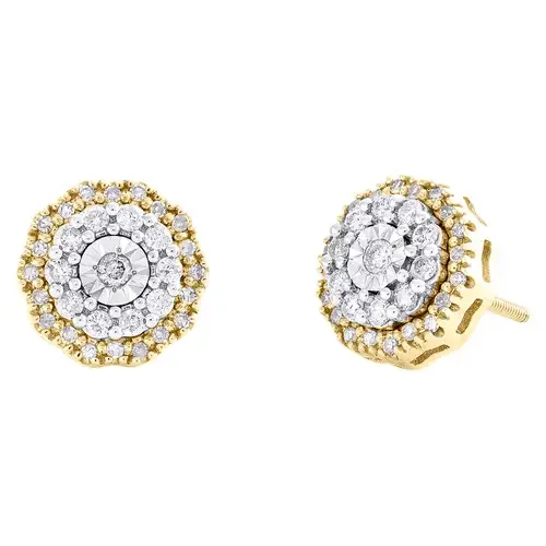 10K Yellow Gold Genuine Diamond Two Tone 10mm Decagon Halo Stud Earrings 1/2 CT