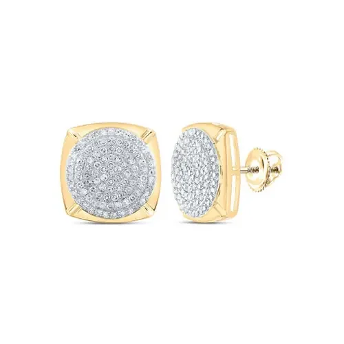 10K Yellow Gold Genuine Diamond Unisex Cluster Rounded Square Stud Earrings 1 CT