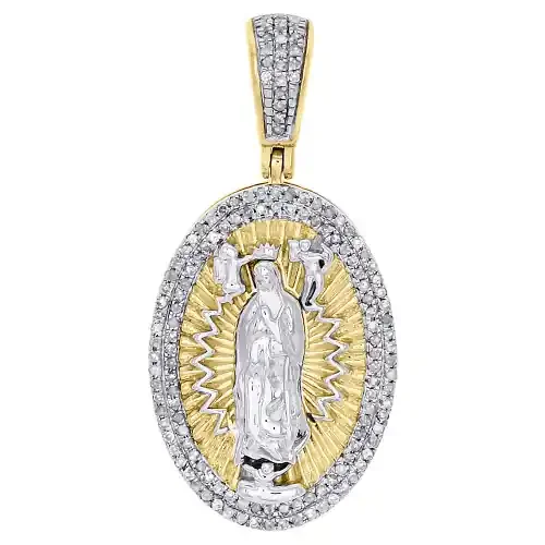 10K Yellow Gold Genuine Diamond Virgin Mother Mary Cherub Pendant Charm 0.35 Ct.