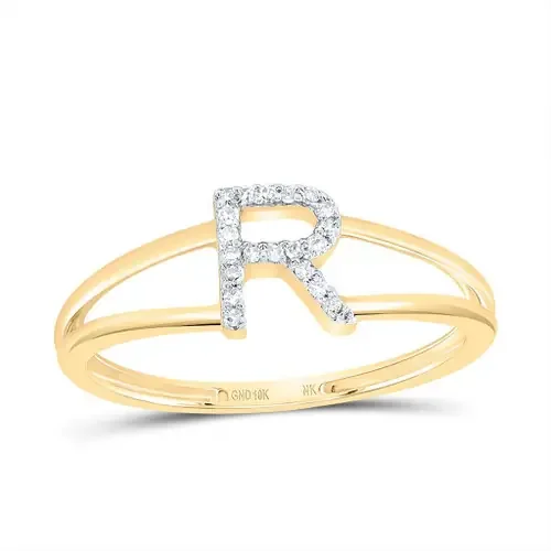 10k Yellow Gold Genuine Diamond Women Block Letter R Initial Split Ring 1/20 CT