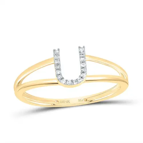 10k Yellow Gold Genuine Diamond Women Block Letter U Initial Split Ring 1/20 CT