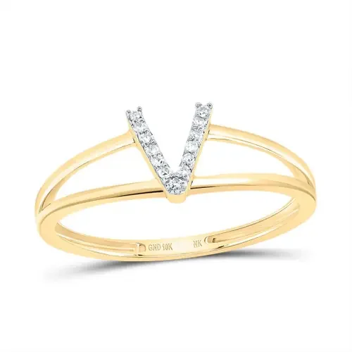 10k Yellow Gold Genuine Diamond Women Block Letter V Initial Split Ring 1/20 CT