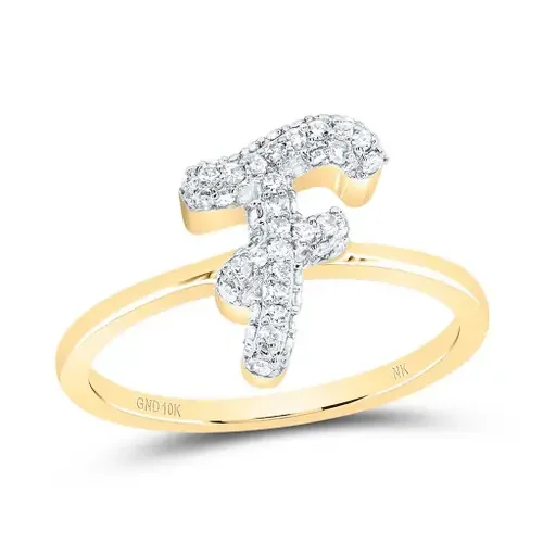 10k Yellow Gold Genuine Diamond Women Cursive Letter F Initial Band Ring 1/4 CT