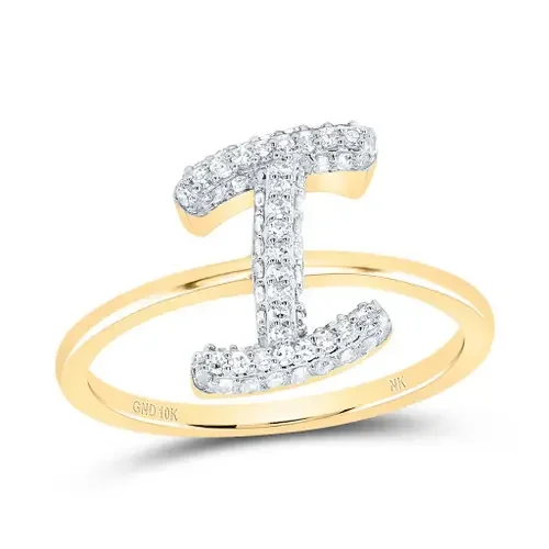10k Yellow Gold Genuine Diamond Women Cursive Letter I Initial Band Ring 1/3 CT