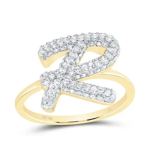 10k Yellow Gold Genuine Diamond Women Cursive Letter R Initial Band Ring 1/2 CT