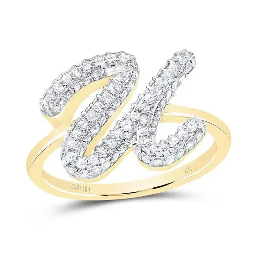 10k Yellow Gold Genuine Diamond Women Cursive Letter U Initial Band Ring 1/2 CT