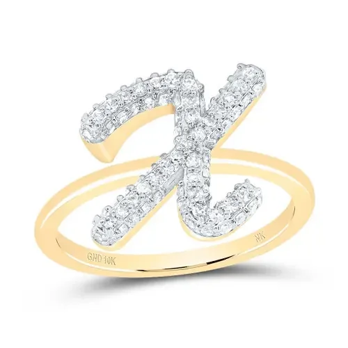 10k Yellow Gold Genuine Diamond Women Cursive Letter X Initial Band Ring 3/8 CT
