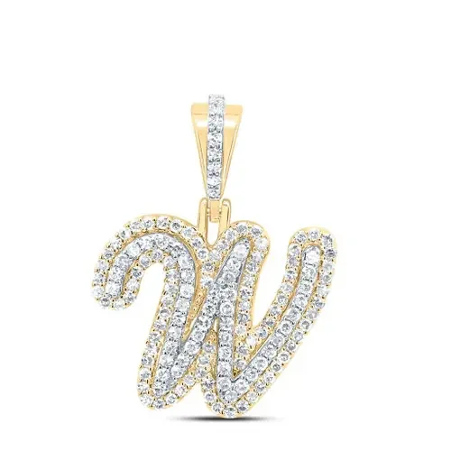 10K Yellow Gold Genuine Diamond Women‘s Cursive Font Initial W Pendant 1/2 CT