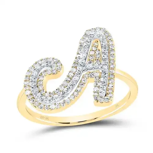 10K Yellow Gold Genuine Diamond Women‘s Script Letter A Initial Ring 1/2 CT