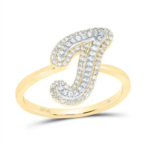 10K Yellow Gold Genuine Diamond Women‘s Script Letter J Initial Ring 1/4 CT