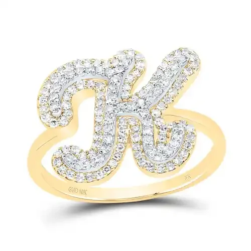 10K Yellow Gold Genuine Diamond Women‘s Script Letter K Initial Ring 3/8 CT