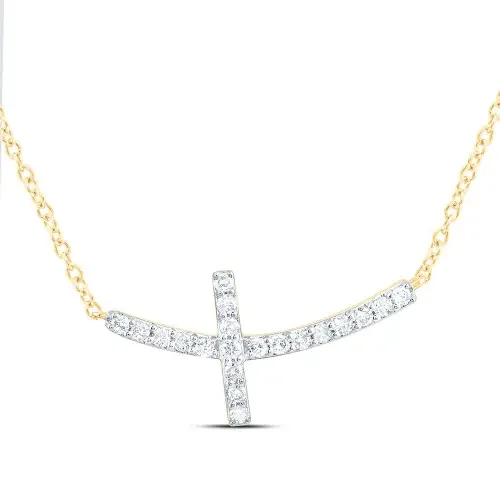 10K Yellow Gold Genuine Diamond Womens Curved Sideways Cross 18″ Necklace 1/6 CT